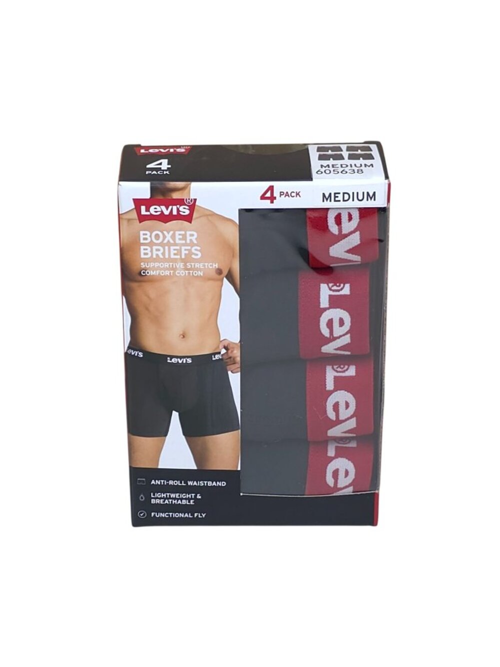Levis Mens M 4-Pack Boxer Briefs Supportive Stretch Cotton Anti-Roll Waistband